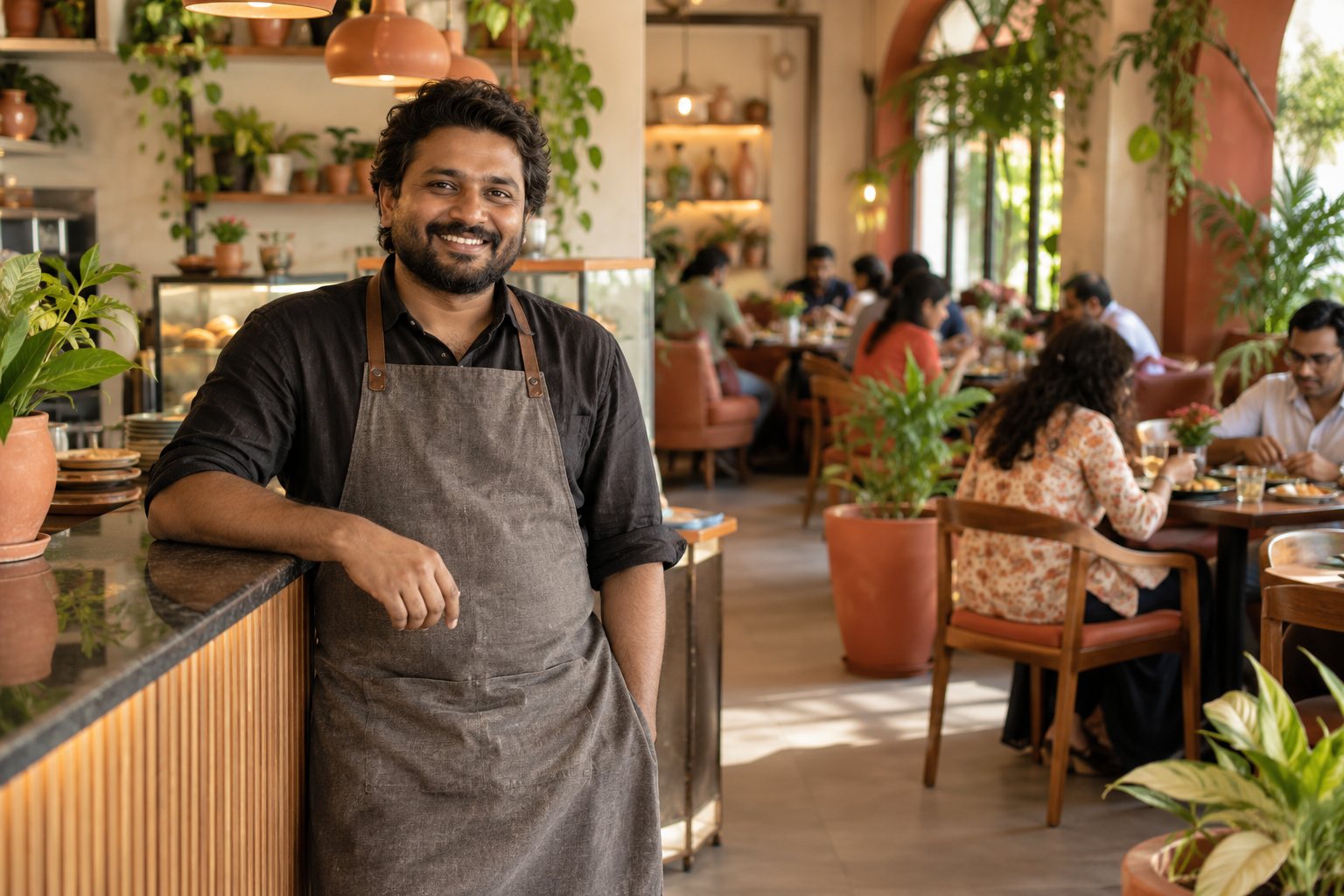 An illustrated neighbourhood café owner welcoming guests