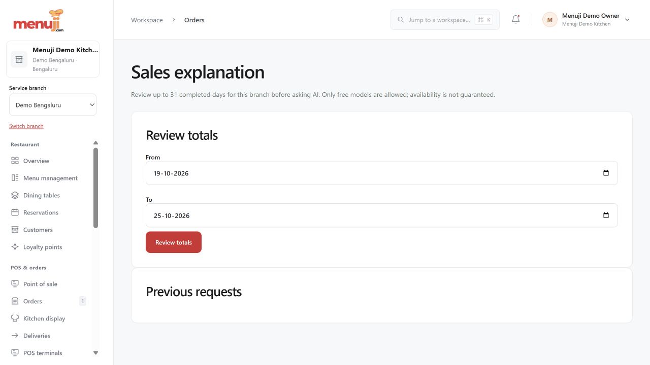 Owner-reviewed Sales explanation workspace — Menuji Demo Kitchen screenshot