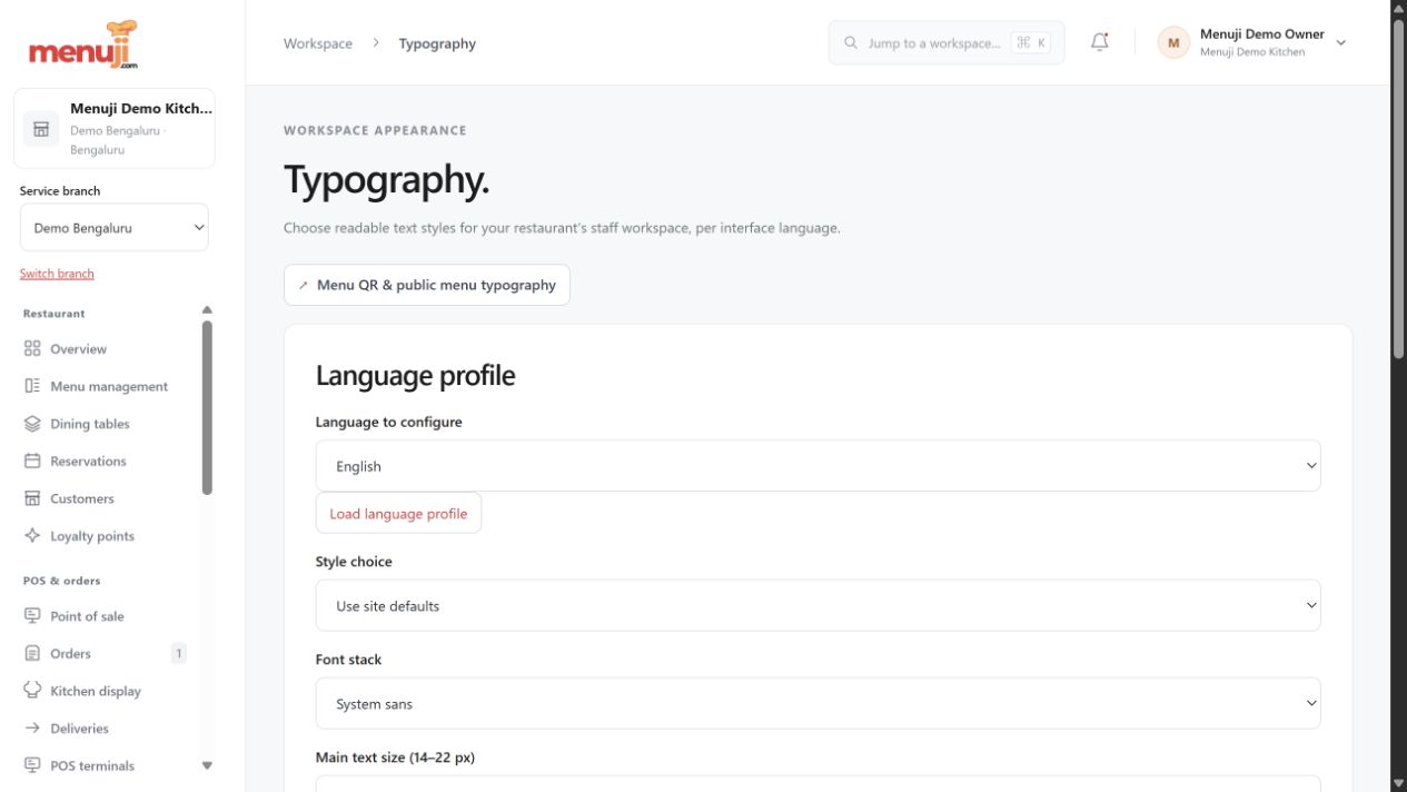 Language, typography & local presentation — Menuji Demo Kitchen screenshot
