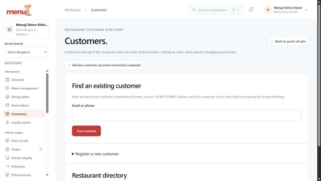 Customer records in the demo restaurant — Menuji Demo Kitchen screenshot