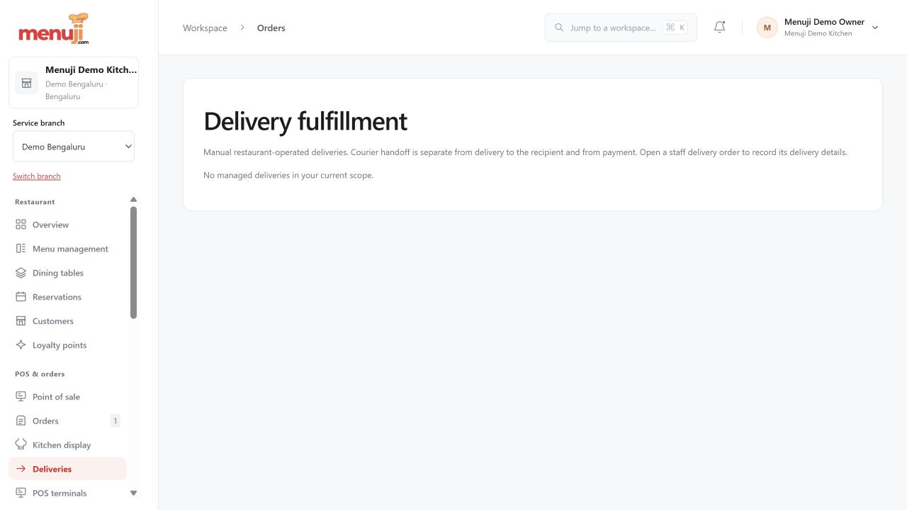 Delivery requests & cash handover — Menuji Demo Kitchen screenshot