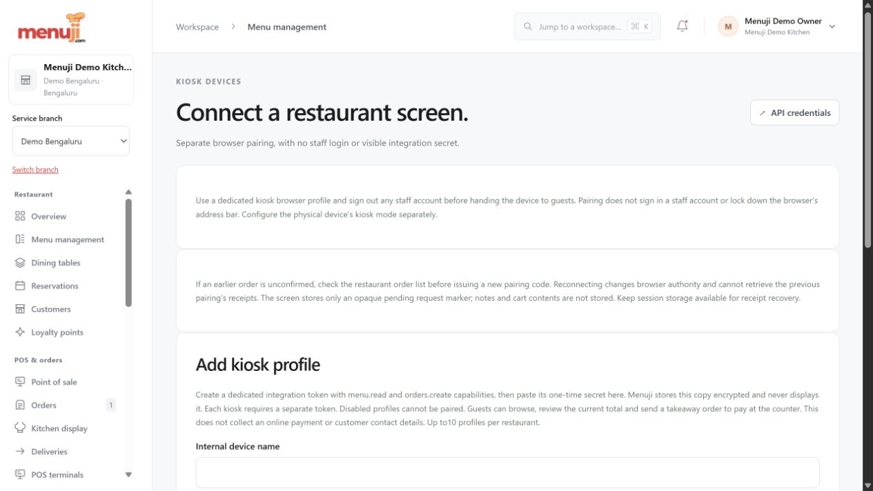 Paired POS terminals & kiosk ordering — Menuji Demo Kitchen screenshot