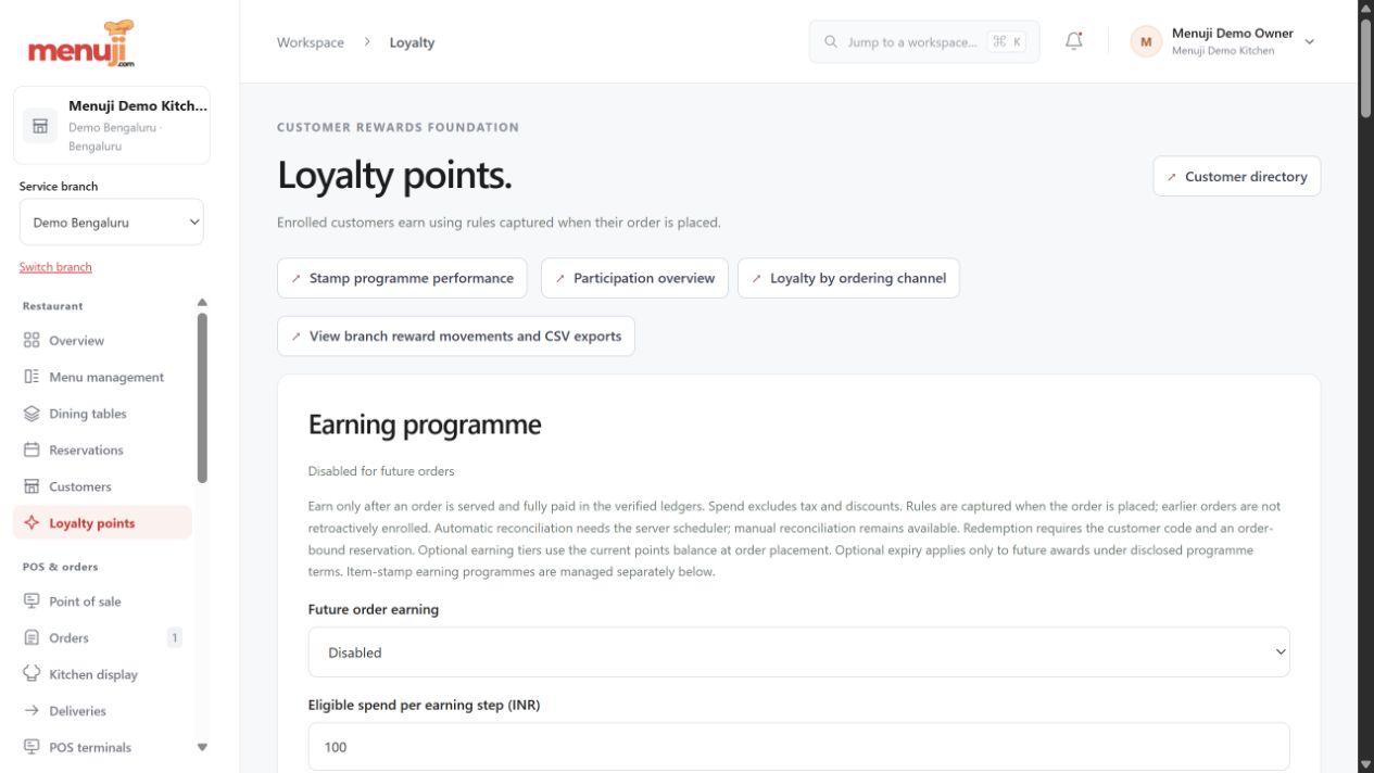 Points, stamps & customer rewards — Menuji Demo Kitchen screenshot