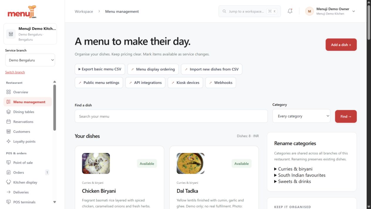 Menu catalogue, photos & CSV — Menuji Demo Kitchen screenshot