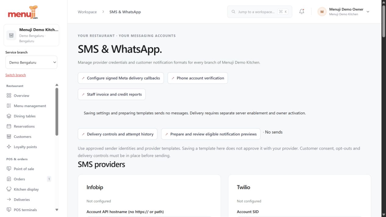 Restaurant-owned SMS & WhatsApp — Menuji Demo Kitchen screenshot
