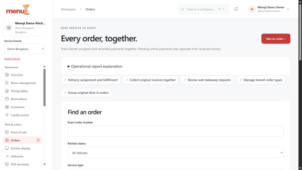 Order search, changes & history — Menuji Demo Kitchen screenshot