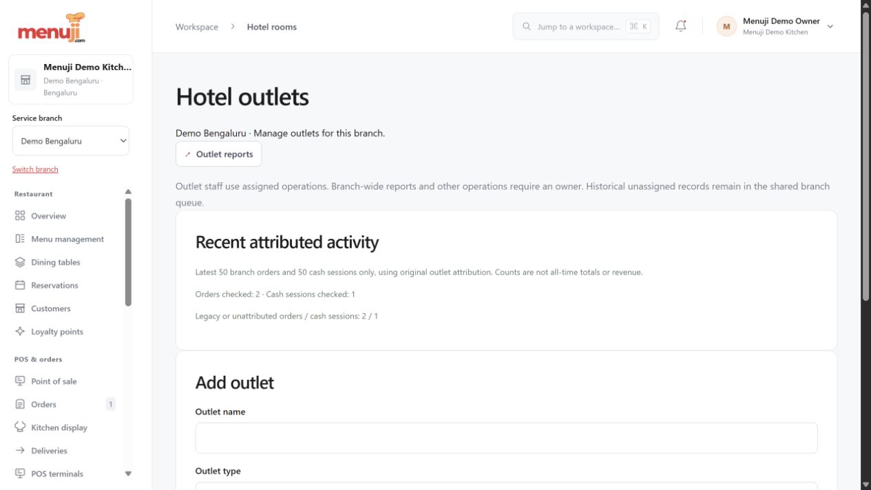 Hotel outlet configuration — Menuji Demo Kitchen screenshot