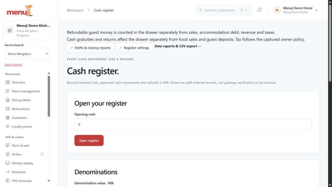 Cash sessions, counting & closing — Menuji Demo Kitchen screenshot