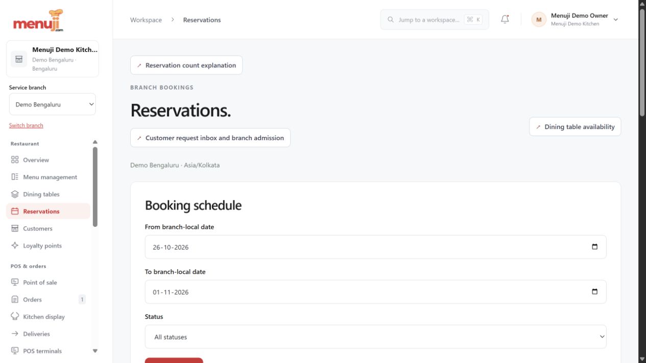 Reservations & arrival handovers — Menuji Demo Kitchen screenshot