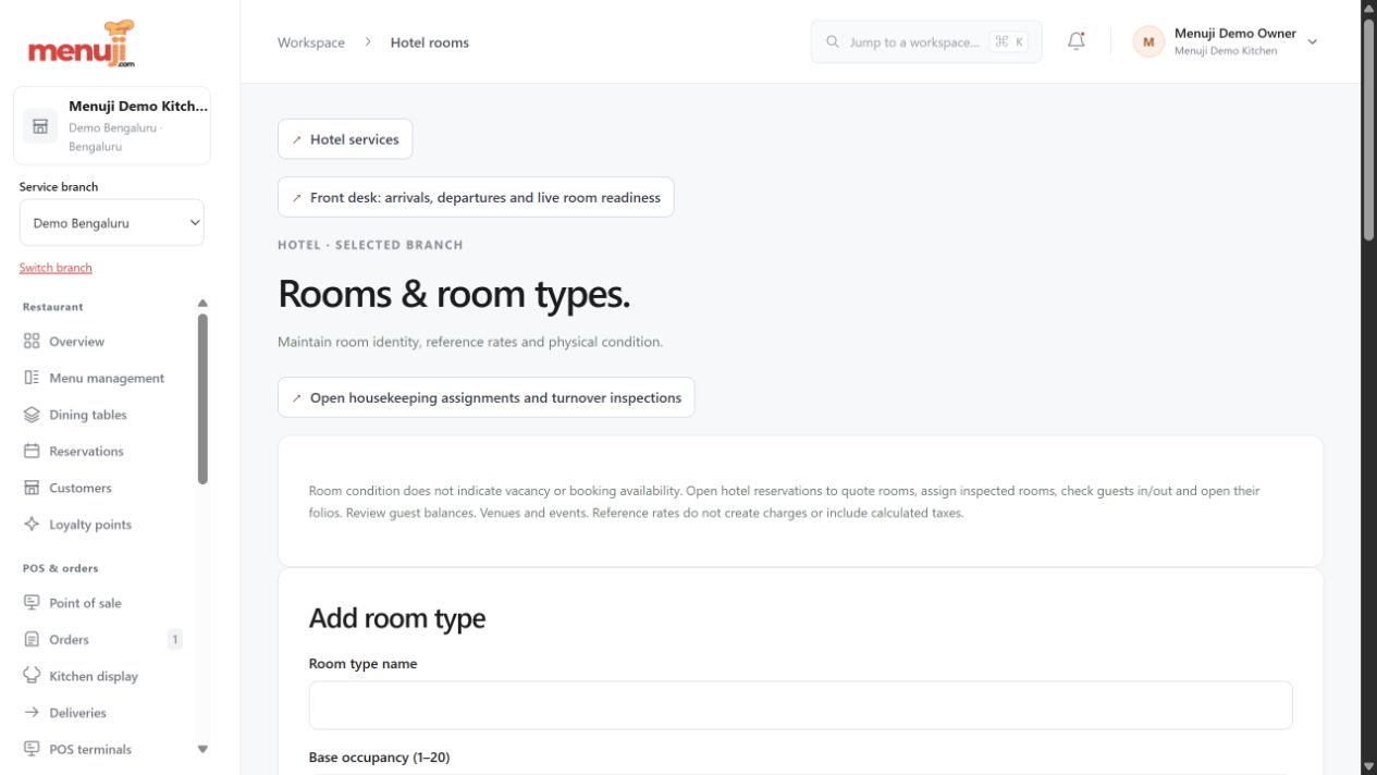 Room catalogue in the demo restaurant — Menuji Demo Kitchen screenshot