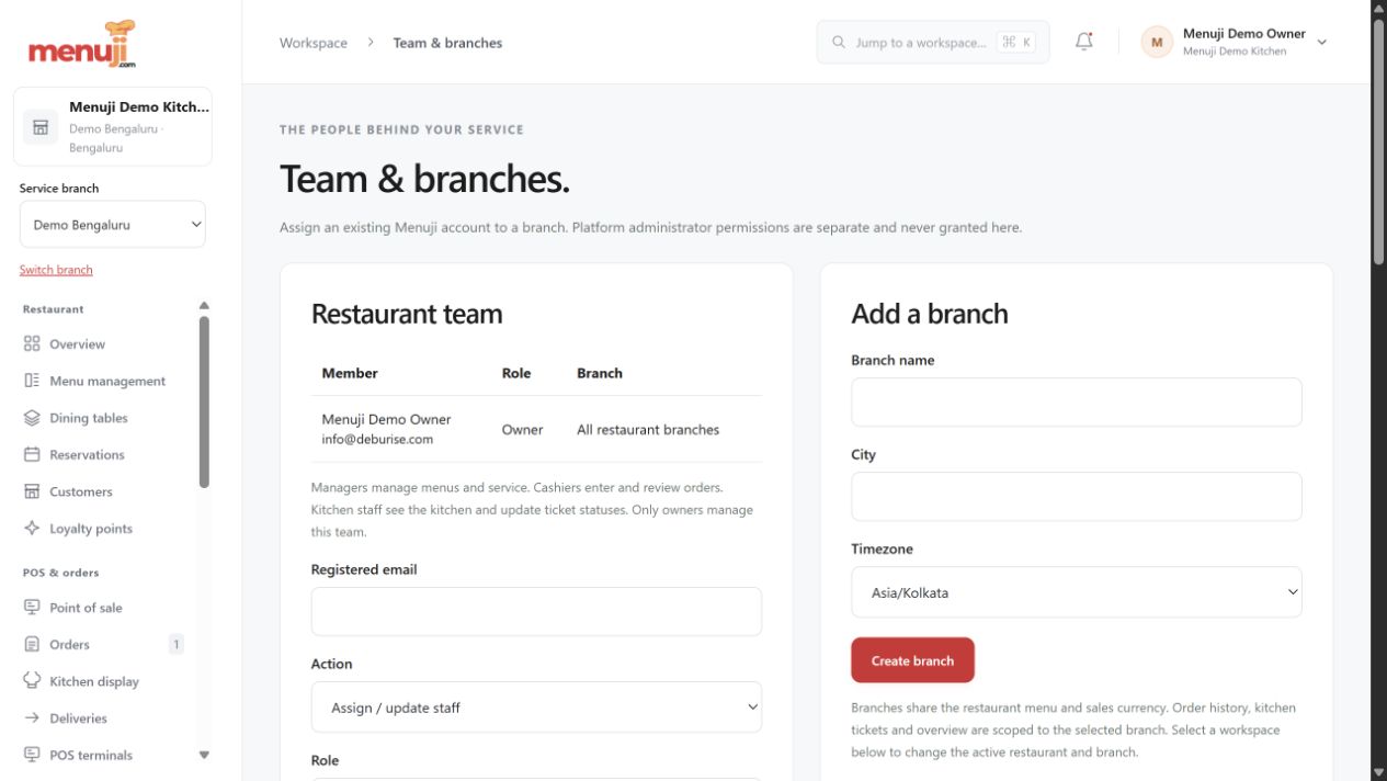 Team roles, branches & outlets — Menuji Demo Kitchen screenshot