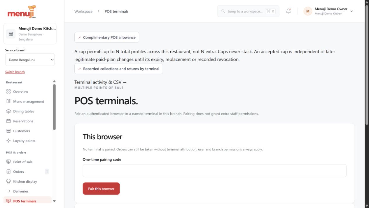POS terminal management — Menuji Demo Kitchen screenshot